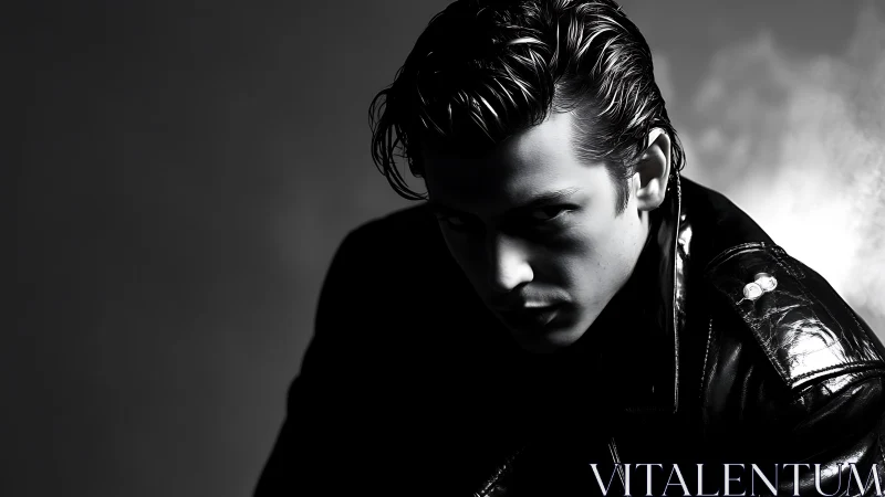 Brooding man in leather jacket under hard side light.