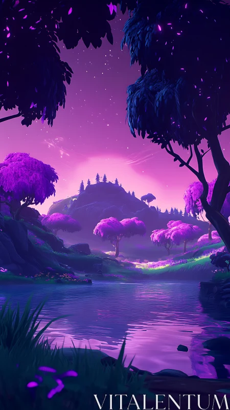 Violet fantasy valley with reflective river at dusk.