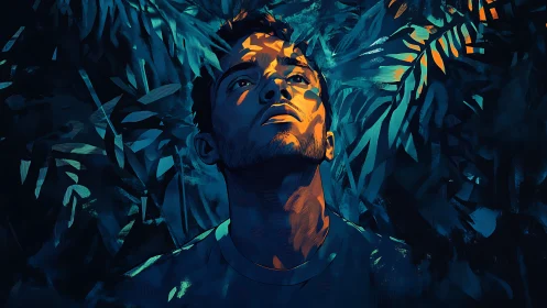 Male figure under foliage with directional blue orange light.