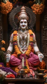 Hindu deity idol adorned with marigold garlands and offerings.