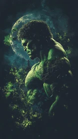 Brooding green titan stands against a fractured cosmic moon