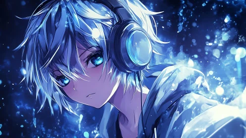 Blue-haired anime listener wears glowing headphones at night