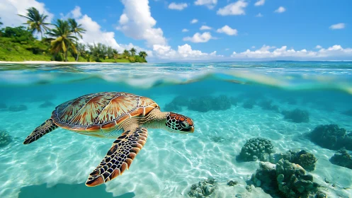 Sea turtle gliding in clear tropical shallows near shore.