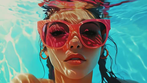 Sunlit pool portrait with reflective pink sunglasses and glow.