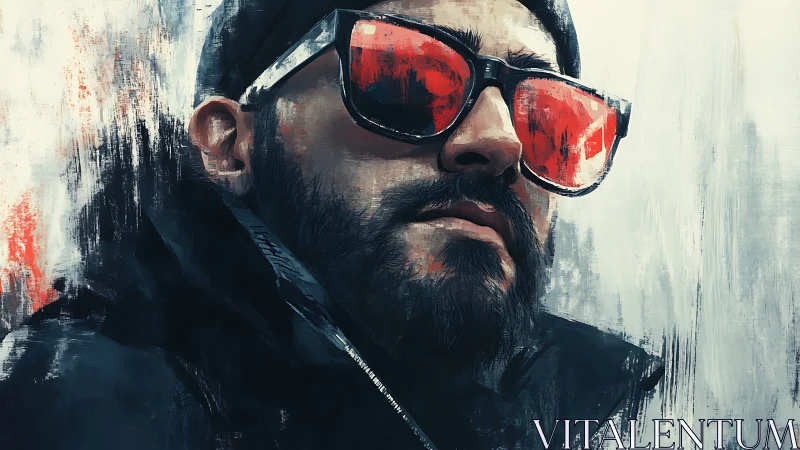 Man in red reflective sunglasses painted with rough strokes