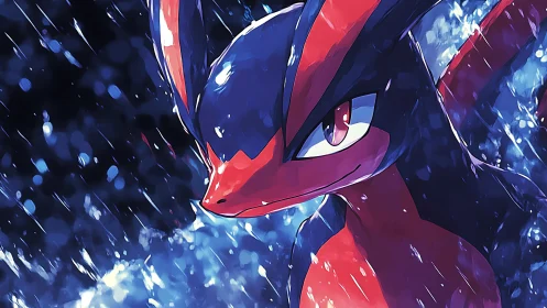 Ninja reptile warrior stands resolute in storm rainlight.