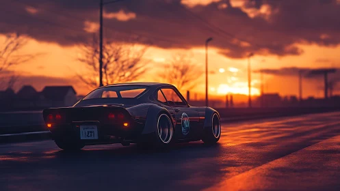 Retro sports car on wet highway under dramatic sunset glow.