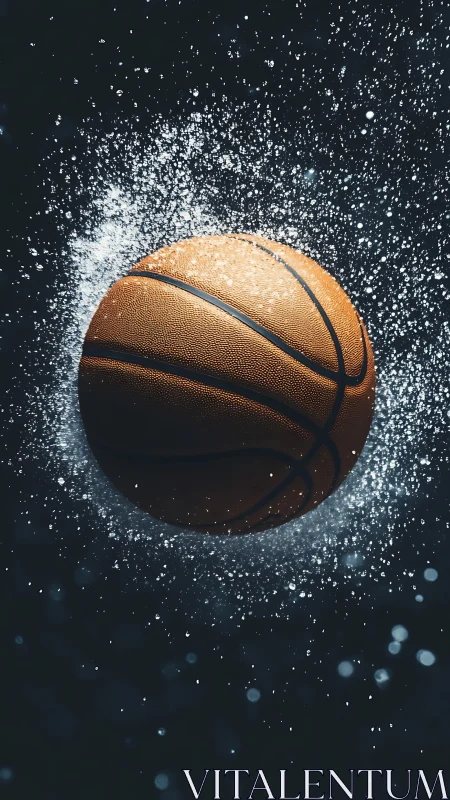 Soaring basketball spins through a bright burst of energy