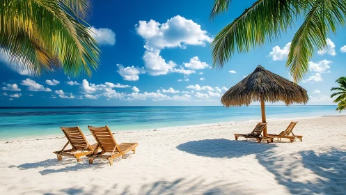 Tropical Beach Composition: Chaise Lounges, Thatch Umbrella, Turquoise Waters.