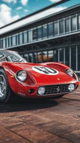 Iconic red racing classic gleams before modern glass building.