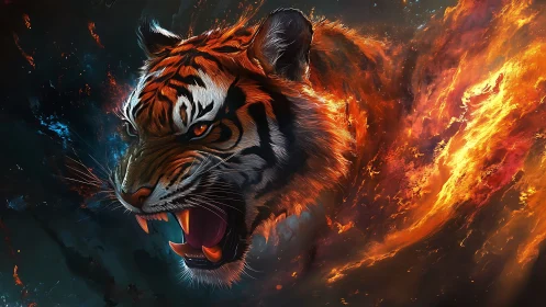 Roaring tiger head erupts through swirling elemental fire