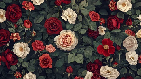 Botanical Garden: Dark Background With Red, Cream Roses.