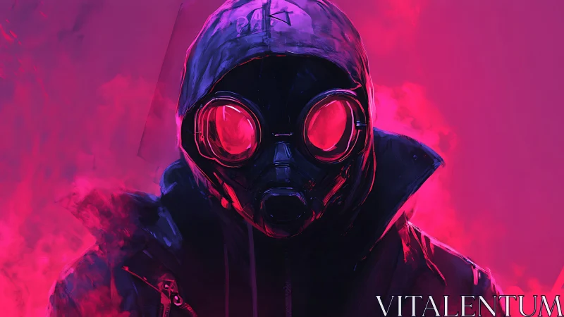 Gas mask figure in neon magenta toxic vapor field.