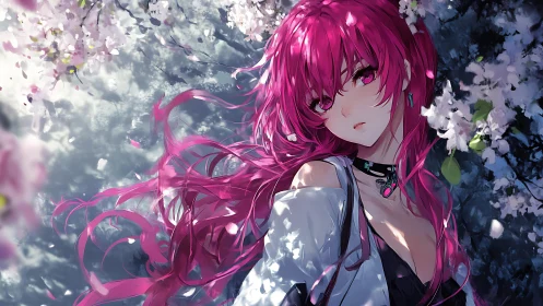 Pink haired dreamer resting beneath soft spring blossoms.