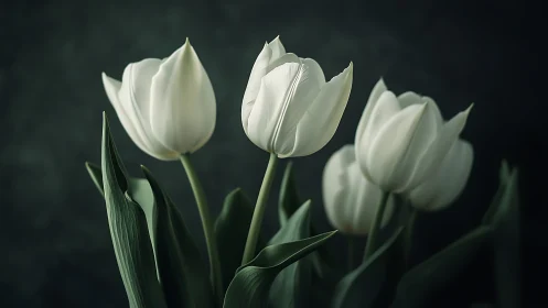 Luminous White Tulips: Botanical Study in Chiaroscuro Lighting.