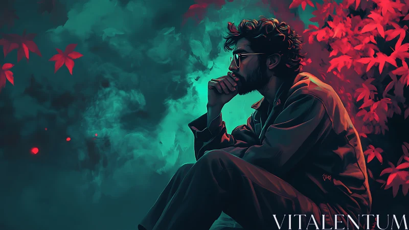 Contemplative man in neon forest amid teal swirling haze.