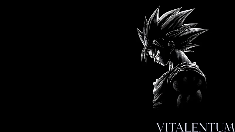 High-contrast monochrome profile of spiky-haired anime fighter