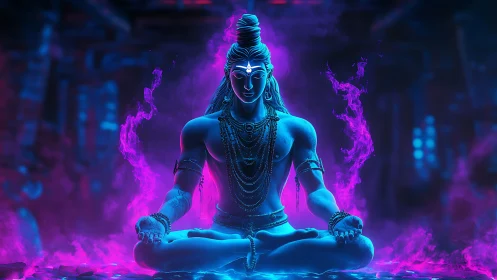 Luminous blue deity in serene meditation amid glowing mist.