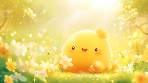 Golden blob creature glows amid dreamy spring meadow.