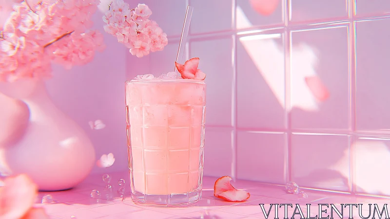 Monochromatic Pink Still Life: Beverage and Floral Composition.