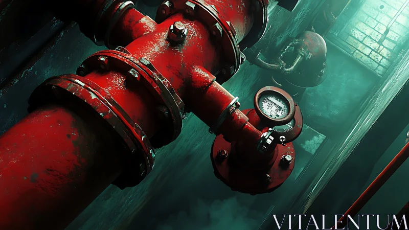 Industrial scarlet pipeline under moody green basement glow.