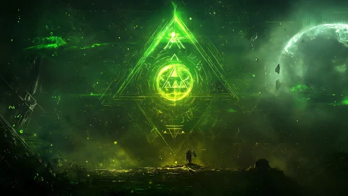 Quantum sigil gateway with triadic glyphs over alien horizon.