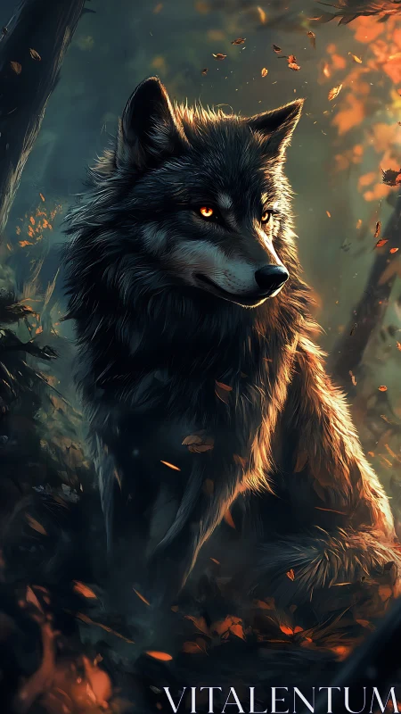 Forest ember wolf resting in glowing autumn twilight.