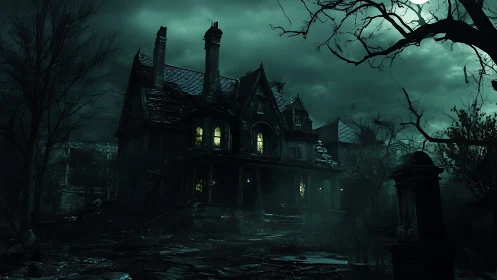 Haunted Victorian mansion looms under eerie green storm clouds