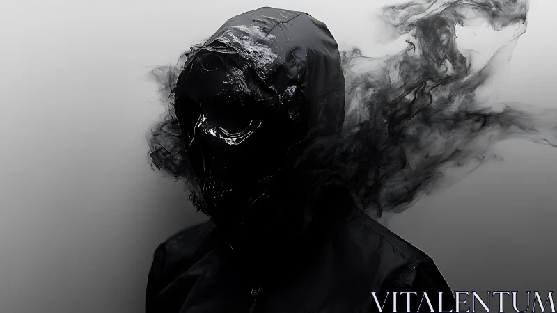 Dark hooded figure dissolves into swirling black smoke shapes