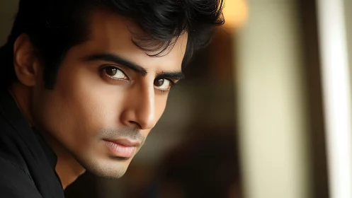 Close portrait of intense man in soft indoor light.