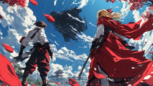 Two armed figures face black airborne structure over town.