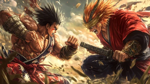 Storm-torn samurai rivals lock wills in a dust-lit clash