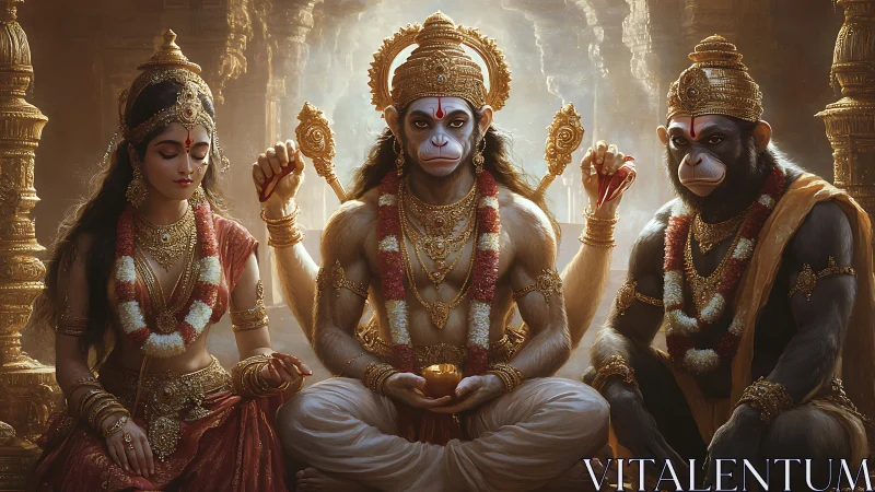 Divine Hanuman triad in ornate golden temple interior.