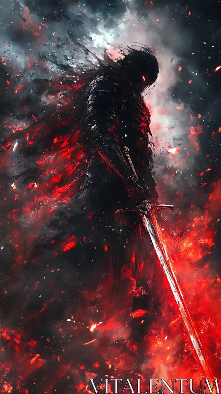 Armored specter amid volumetric embers grips elongated broadsword