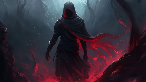 Hooded voidwalker in turbulent red energy forest environment.