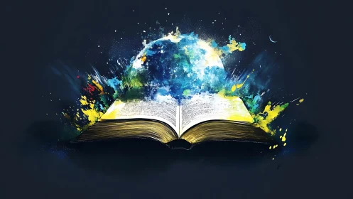 Exploding cosmic storybook with radiant watercolor light.