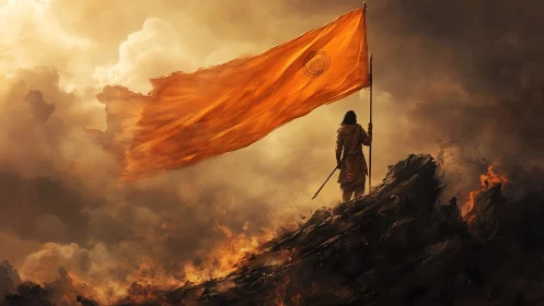 Lone warrior raising a glowing saffron flag in triumph.