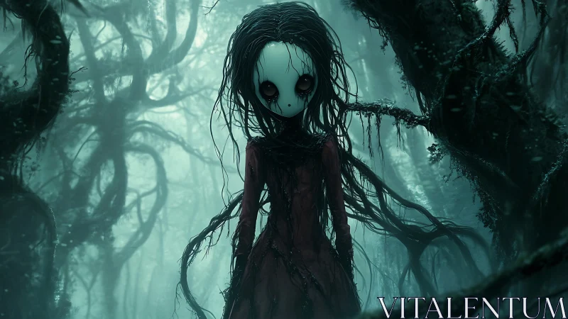 Dark doll figure standing in eerie misty forest scene.