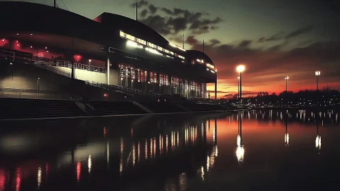 Stadium glow kissing dusk skies over glass-still waters.