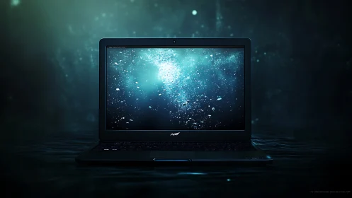 Ultrabook notebook floats in teal-lit aquatic digital space.