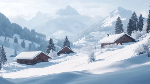 Snow-covered alpine cabins in mountainous winter landscape.