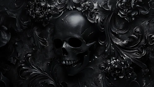 Monochrome human skull among dark ornamental foliage.