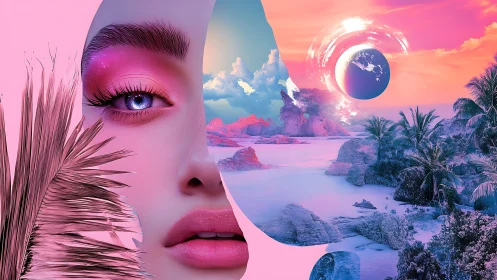 Surreal feminine portrait merges with neon tropical dreamscape