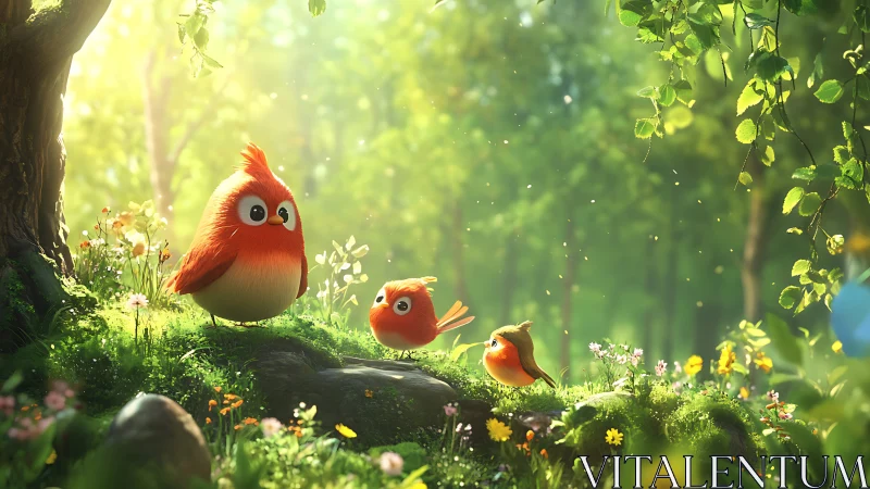 Cute Cartoon Birds in Enchanted Forest, Whimsical Digital Art.