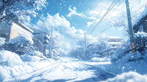 Sunlit suburban street under fresh snowfall in anime style