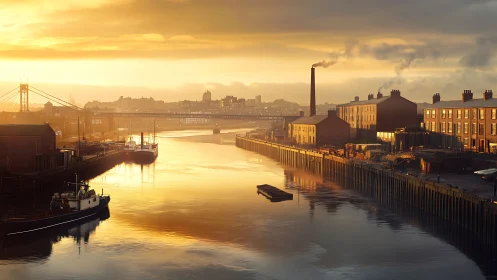 Industrial riverside skyline glows under warm sunset haze