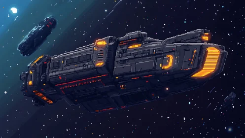 Pixel art spacecraft convoy in deep space starfield scene.