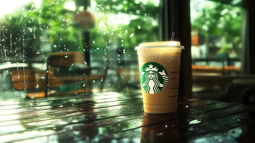 Iced coffee daydream glows against rainwashed café window.