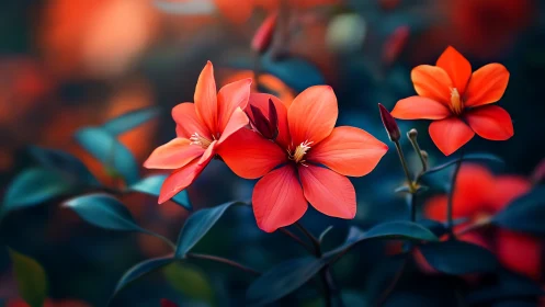 Vibrant Coral Flowers Against Deep Teal Foliage. Depth-of-field botanical study.