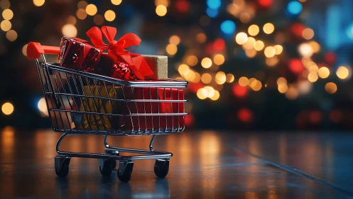Holiday gift cart sits glowing before festive bokeh lights.